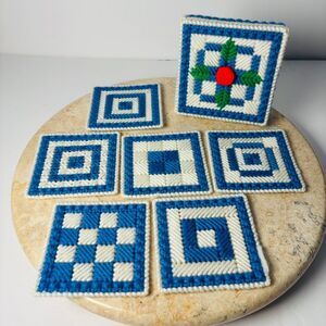 Vintage Handmade Cross Stitch Blue Floral Boxed 6 PC Coaster Boho MCM Crochet‎